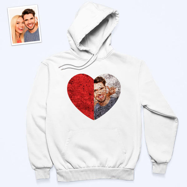 Custom Photo Flip Red Sequin Hoodie Heart-Shaped Print White Hoodie Gift for Lover