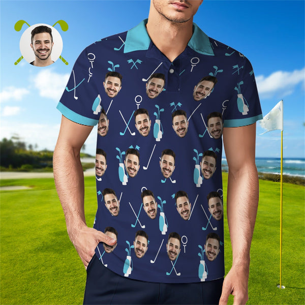 Custom Face Blue Polo Shirt For Men Personalized Golf Shirts
