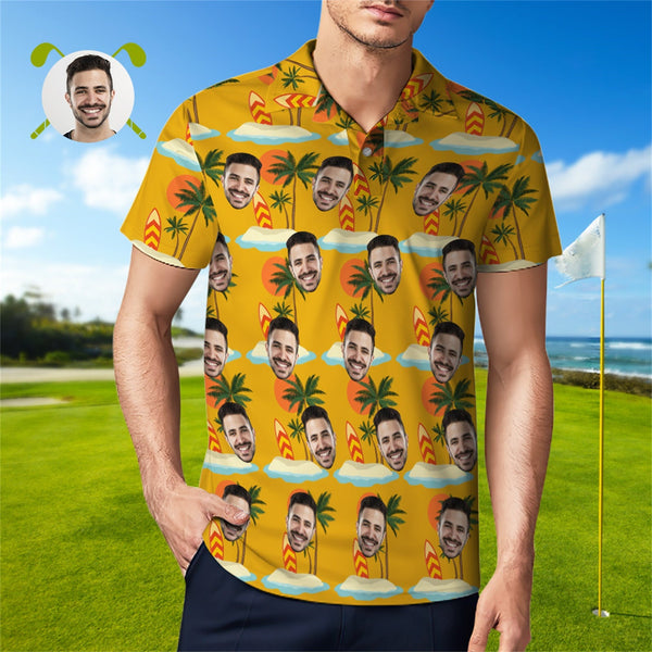 Custom Face Polo Shirt For Men Coconut Tree Beach Shirt Hawaiian Golf Shirts