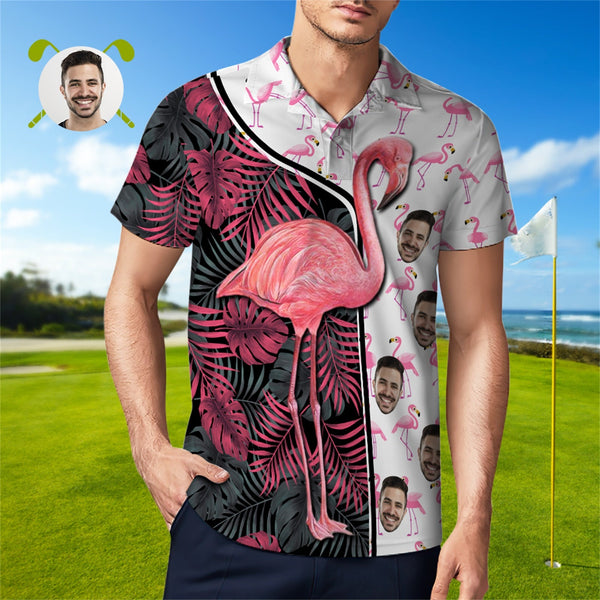 Custom Face Polo Shirt For Men Funny Flamingo Hawaiian Golf Shirts