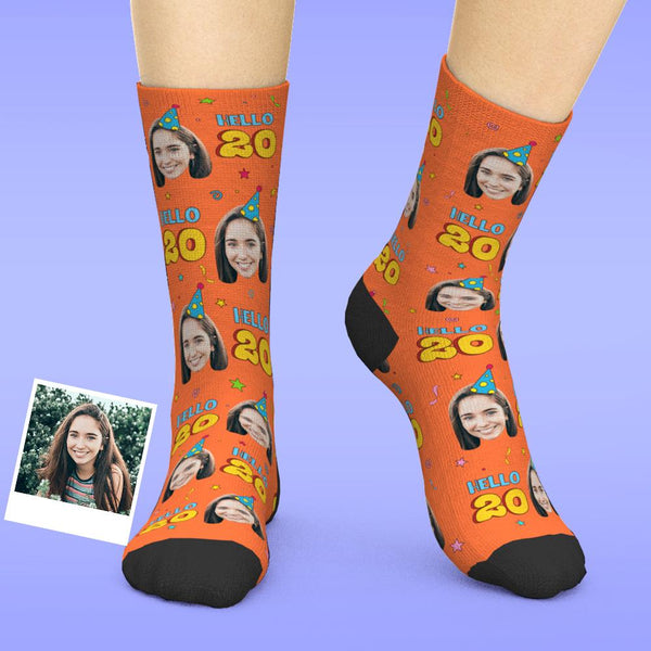 Custom Face Socks Add Pictures And Age Happy Birthday Socks Hello 20 Personalized Birthday Gift